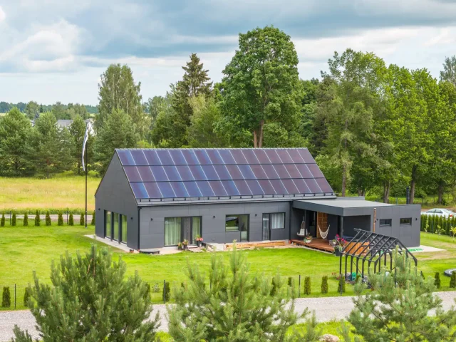 Modern home with an integrated solar roof in Lohkva near Tartu, Estonia.