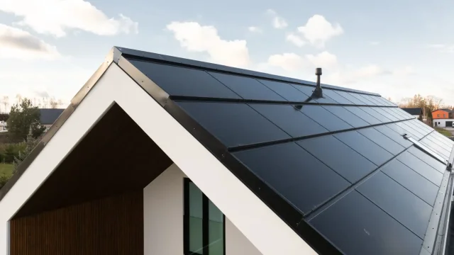 Close aerial view of a full integrated solar roof on a modern white home.