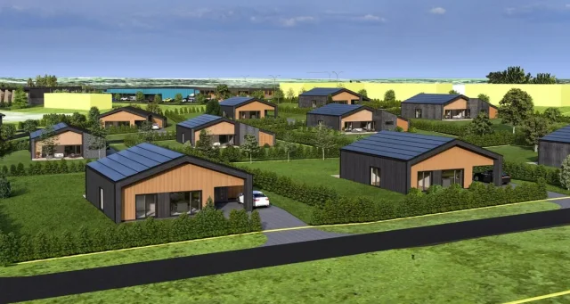 Architekturvisualisierung eines Wohnprojekts mit integrierten Solardächern.