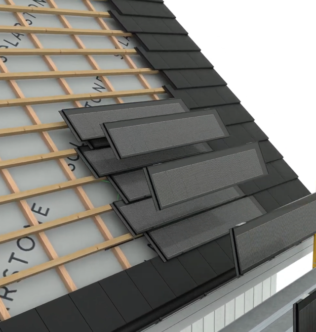 Tile roof with integrated solar roof tiles installation. Solarstone.