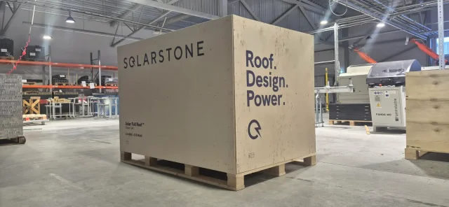 Branded Solar Full Roof™ Power Set shipping crate inside the Solarstone production facility.