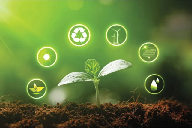 Grüne Pflanze, umgeben von Symbolen für Solarenergie, Windkraft, Recycling und Wasserschutz.